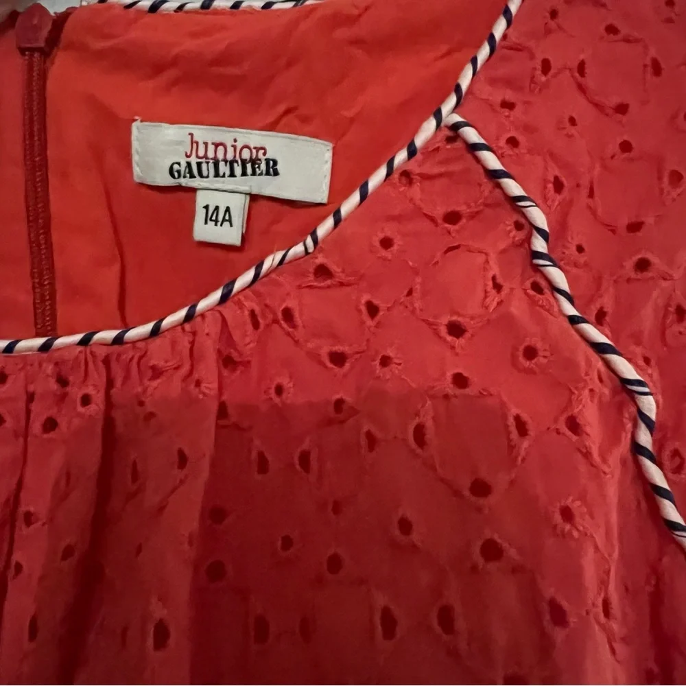 Junior Gaultier Girls Summer Eyelet Cotton Designer Vacation Dress in Orange 14